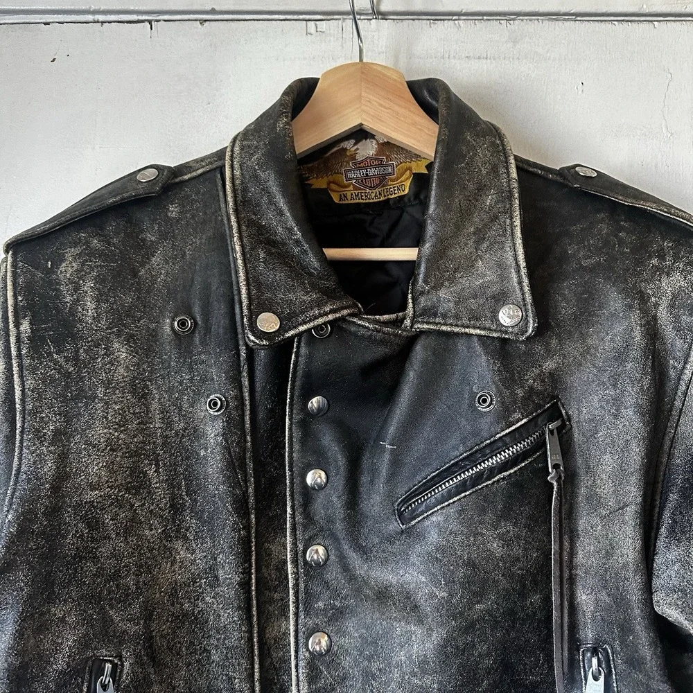 Vintage Harley Davidson Distressed Faded Black Leather Moto Jacket Men's Large